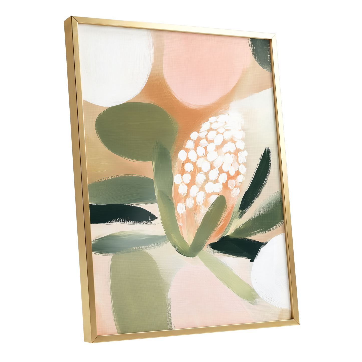 Blush Protea Garden, pink, green, beige floral wall art shown as a gold framed poster wall art print