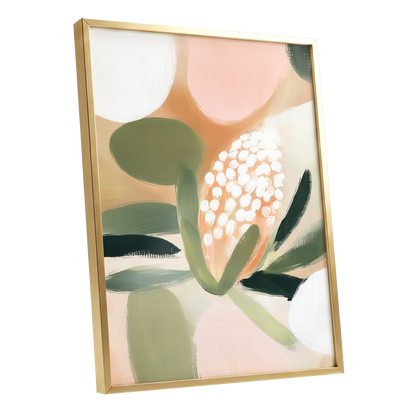 Blush Protea Garden, pink, green, beige floral wall art shown as a gold framed poster wall art print
