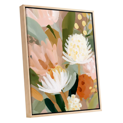 Blush Protea Garden, pink, white, green floral wall art shown as a oak framed canvas wall art