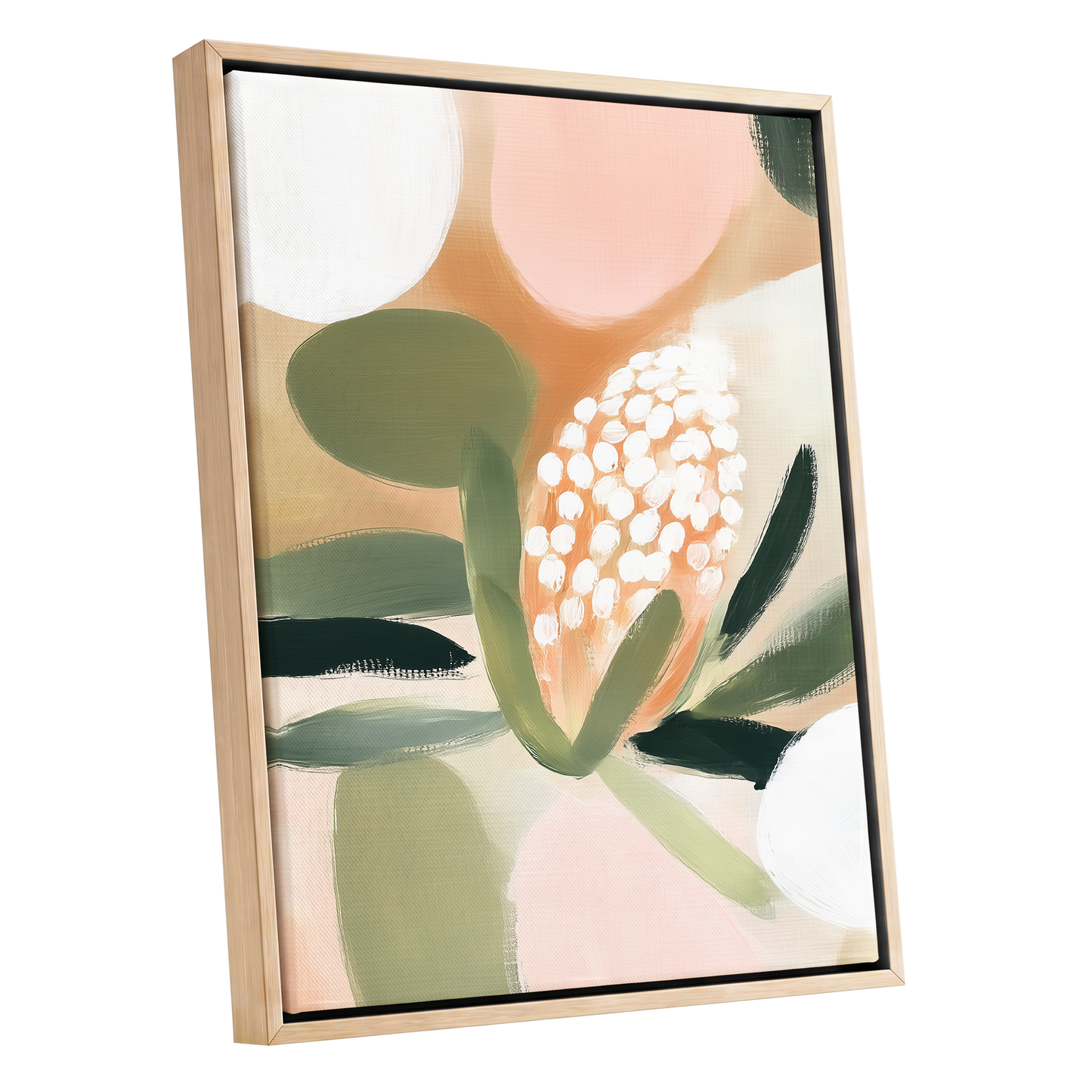 Blush Protea Garden, pink, green, beige floral wall art shown as a oak framed canvas wall art