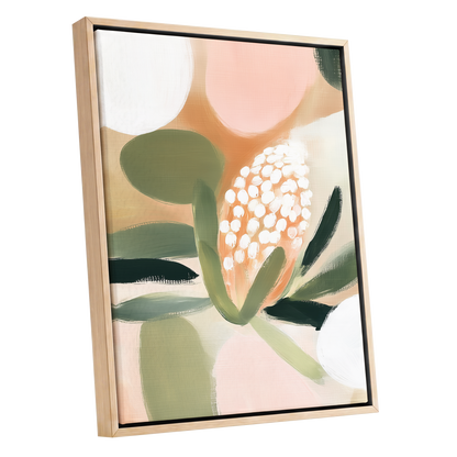 Blush Protea Garden, pink, green, beige floral wall art shown as a oak framed canvas wall art