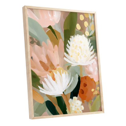 Blush Protea Garden, pink, white, green floral wall art shown as a oak framed poster wall art print