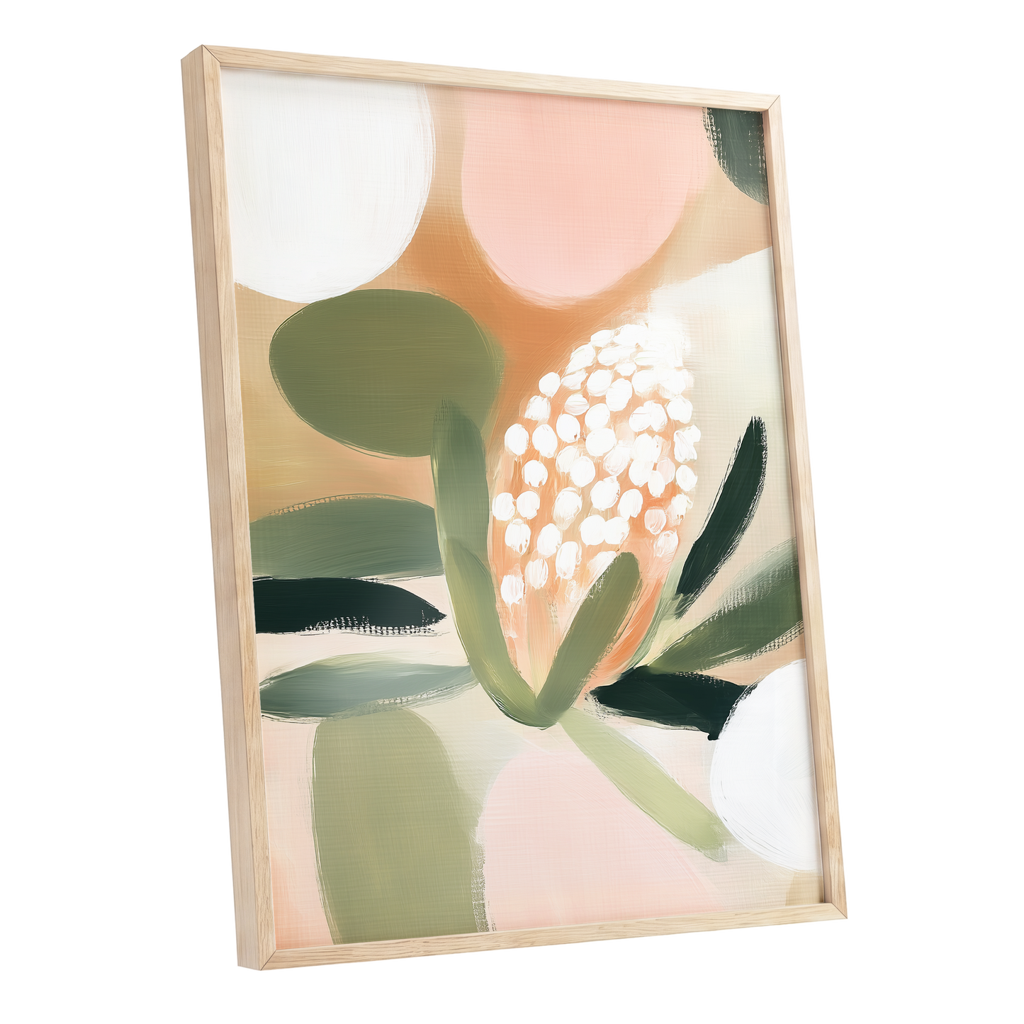 Blush Protea Garden, pink, green, beige floral wall art shown as a oak framed poster wall art print