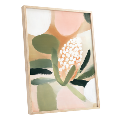 Blush Protea Garden, pink, green, beige floral wall art shown as a oak framed poster wall art print