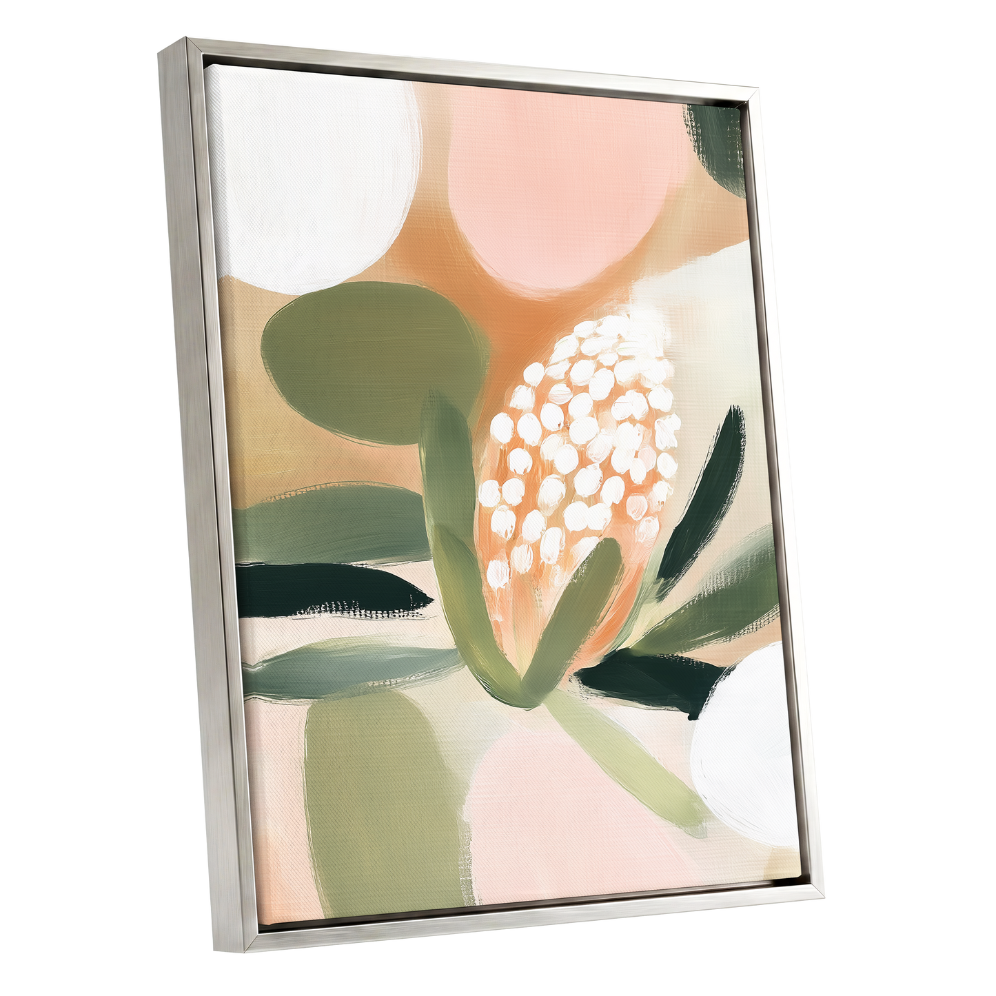 Blush Protea Garden, pink, green, beige floral wall art shown as a silver framed canvas wall art