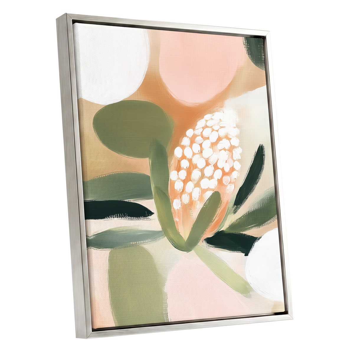 Blush Protea Garden, pink, green, beige floral wall art shown as a silver framed canvas wall art
