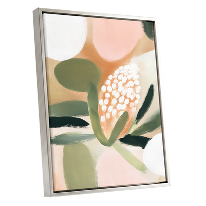 Blush Protea Garden, pink, green, beige floral wall art shown as a silver framed canvas wall art