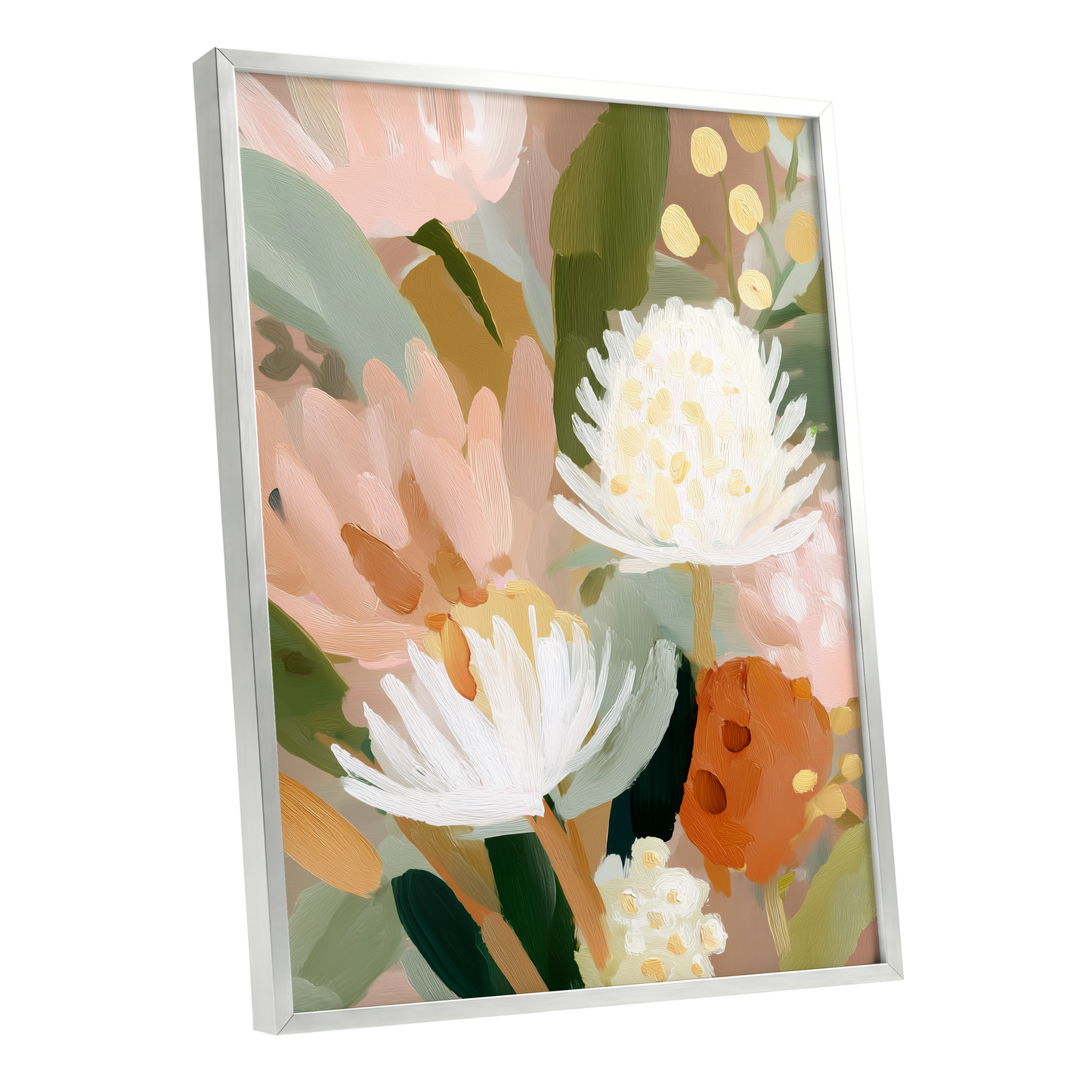 Blush Protea Garden, pink, white, green floral wall art shown as a silver framed poster wall art print