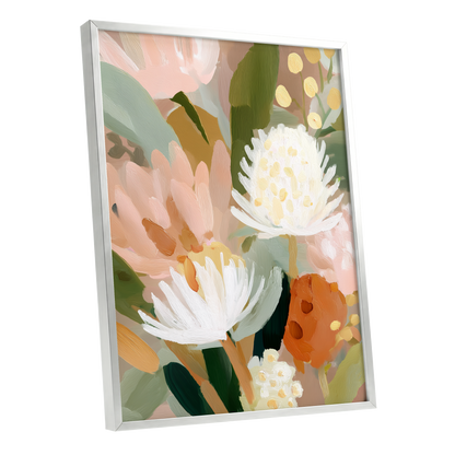 Blush Protea Garden, pink, white, green floral wall art shown as a silver framed poster wall art print