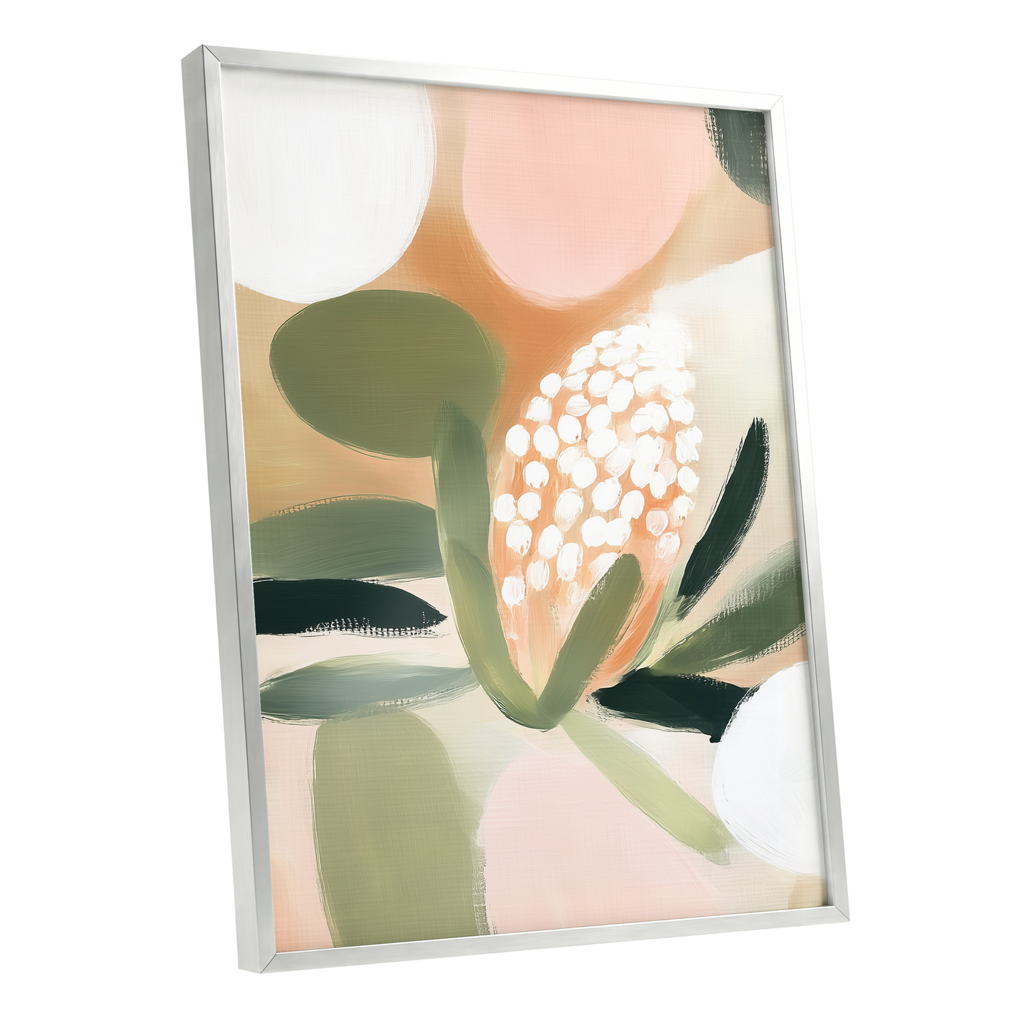 Blush Protea Garden, pink, green, beige floral wall art shown as a silver framed poster wall art print