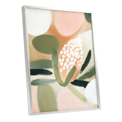 Blush Protea Garden, pink, green, beige floral wall art shown as a silver framed poster wall art print