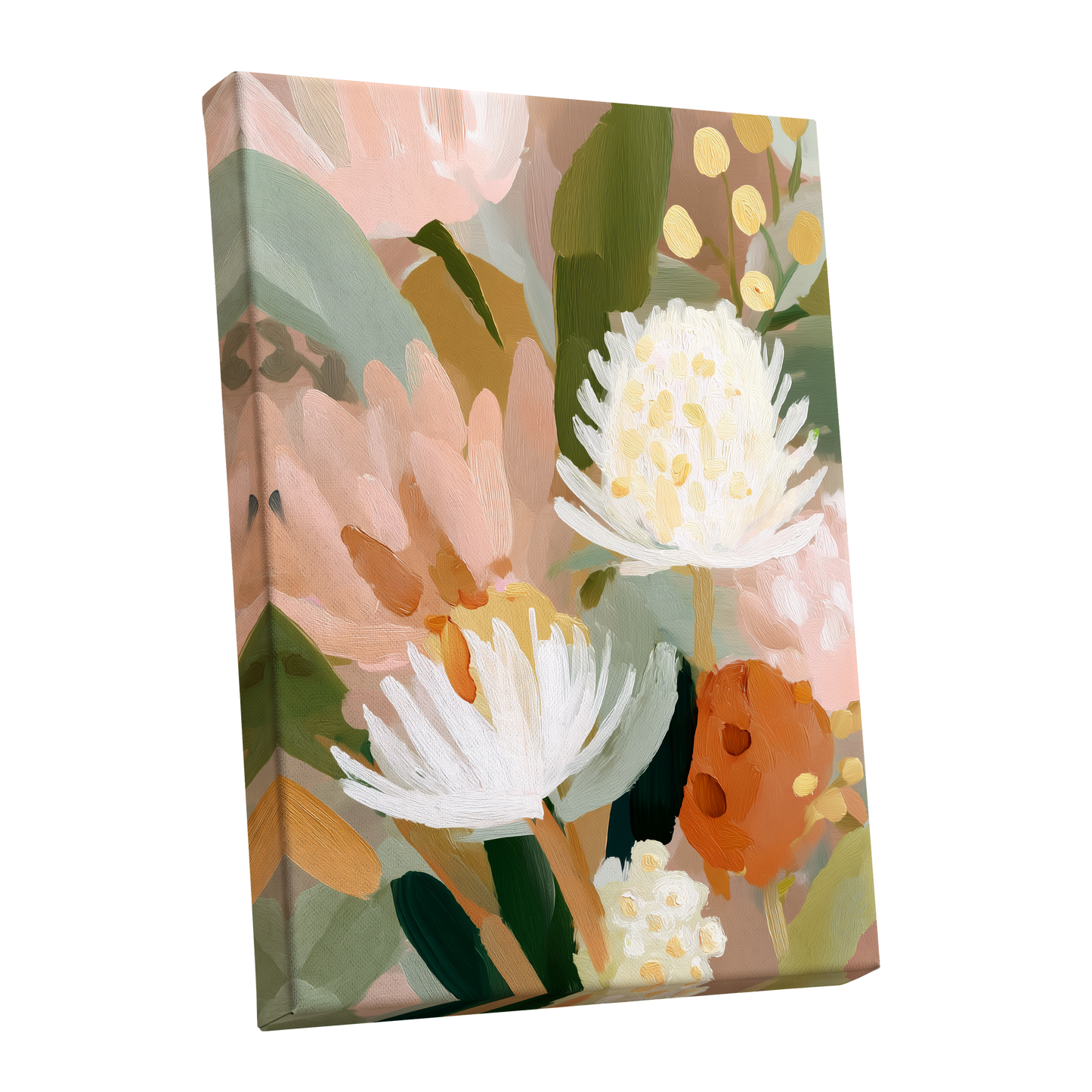 Blush Protea Garden, pink, white, green floral wall art shown as a stretched canvas wall art