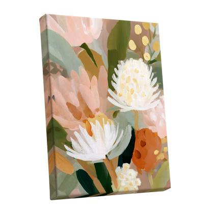 Blush Protea Garden, pink, white, green floral wall art shown as a stretched canvas wall art