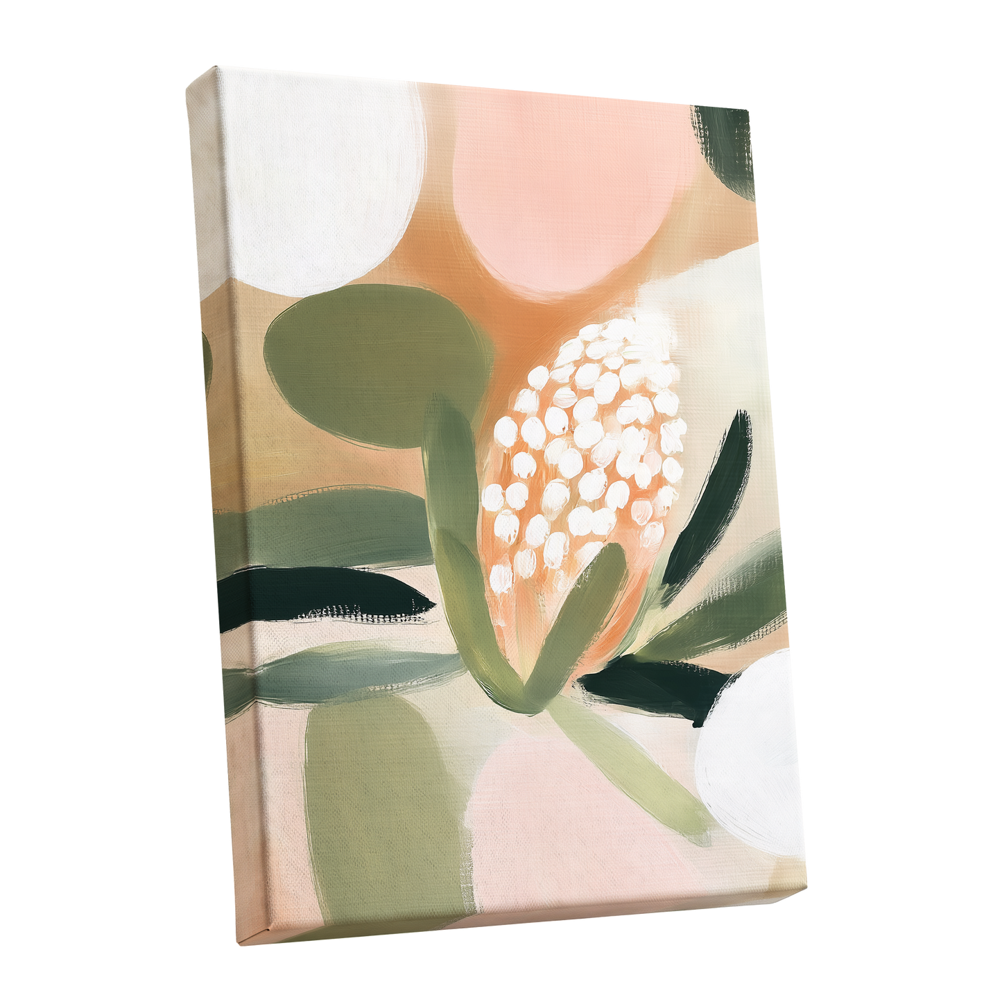 Blush Protea Garden, pink, green, beige floral wall art shown as a stretched canvas wall art