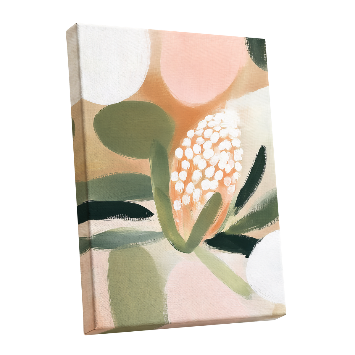 Blush Protea Garden, pink, green, beige floral wall art shown as a stretched canvas wall art