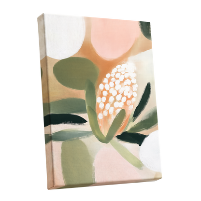 Blush Protea Garden, pink, green, beige floral wall art shown as a stretched canvas wall art