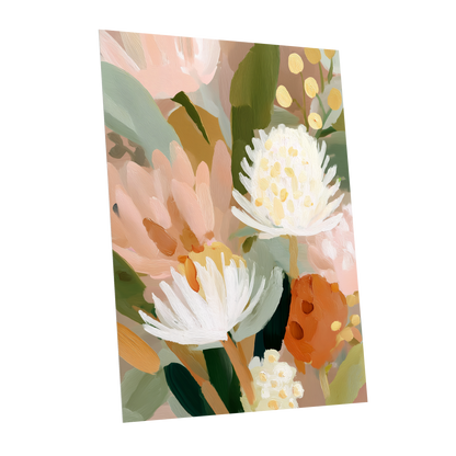 Blush Protea Garden, pink, white, green floral wall art shown as a unframed poster wall art print