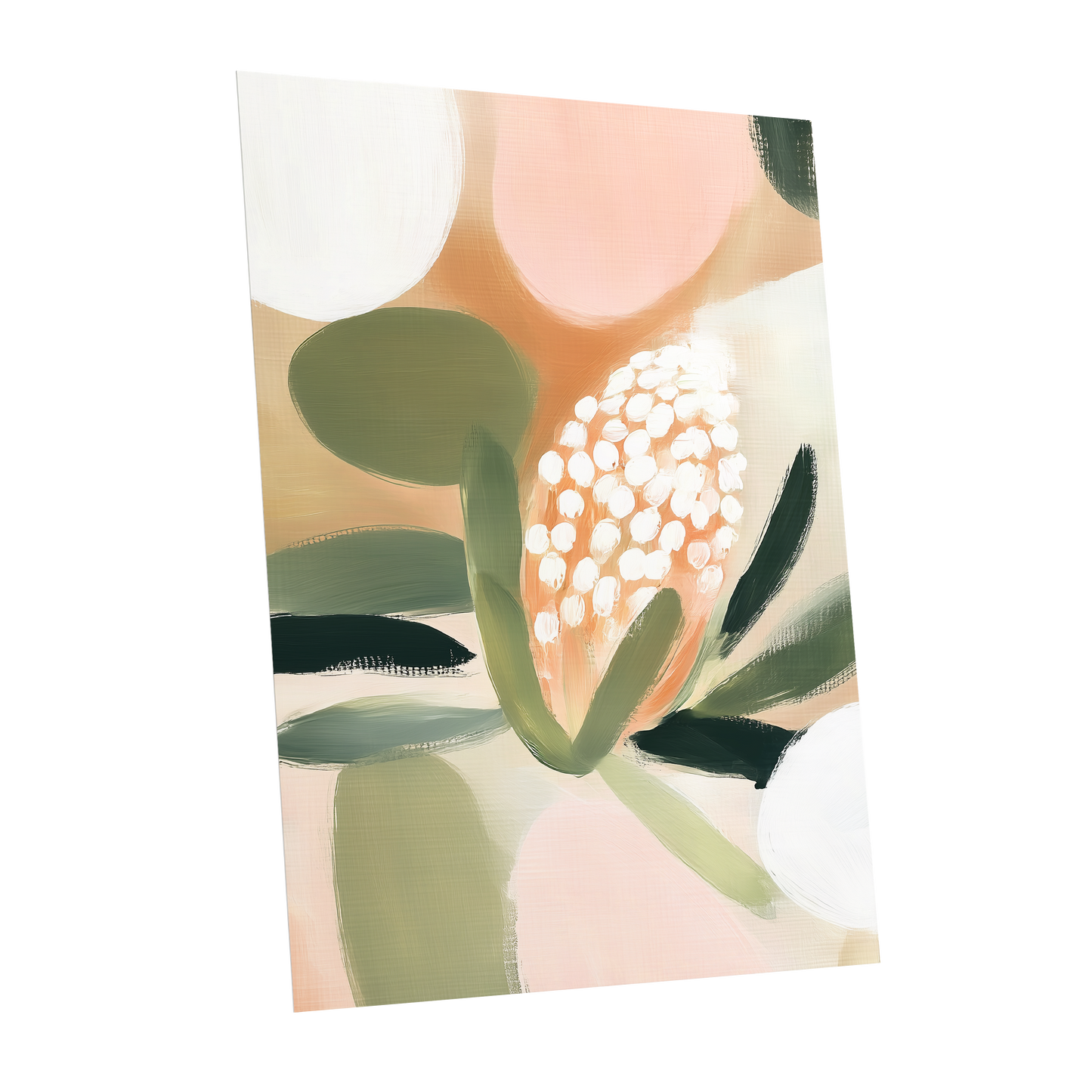 Blush Protea Garden, pink, green, beige floral wall art shown as a unframed poster wall art print