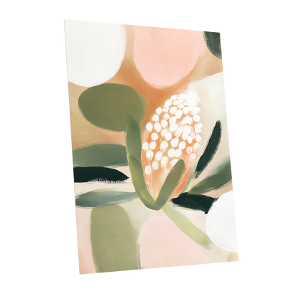 Blush Protea Garden, pink, green, beige floral wall art shown as a unframed poster wall art print