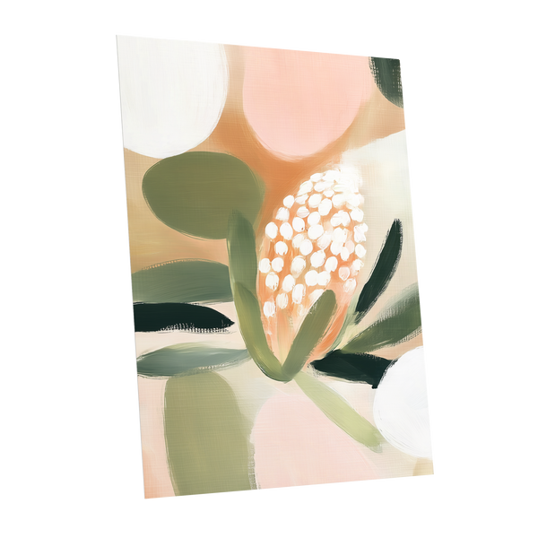 Blush Protea Garden, pink, green, beige floral wall art shown as a unframed poster wall art print