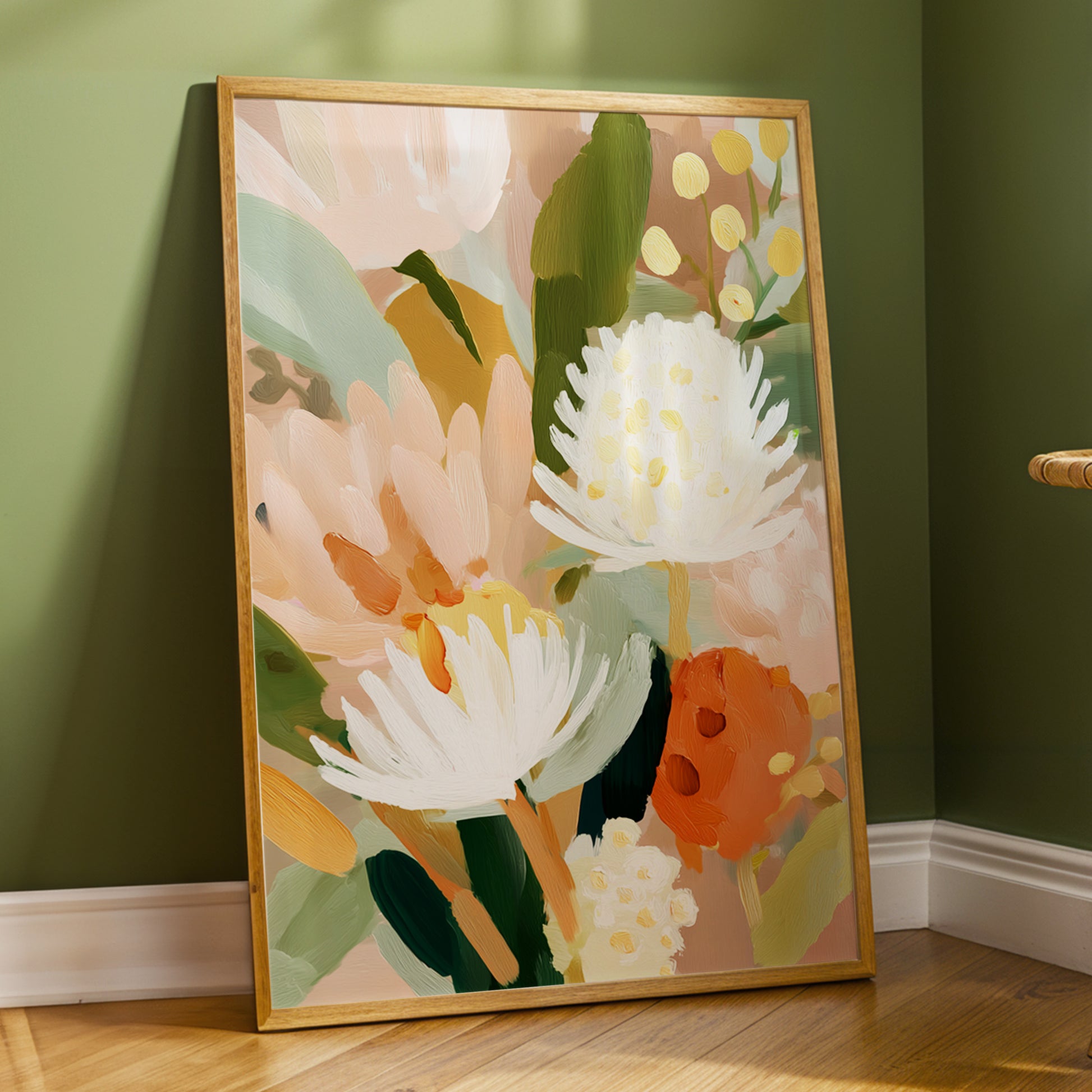 Blush Protea Garden, pink, white, green floral wall art displayed in a styled interior, gallery view 2