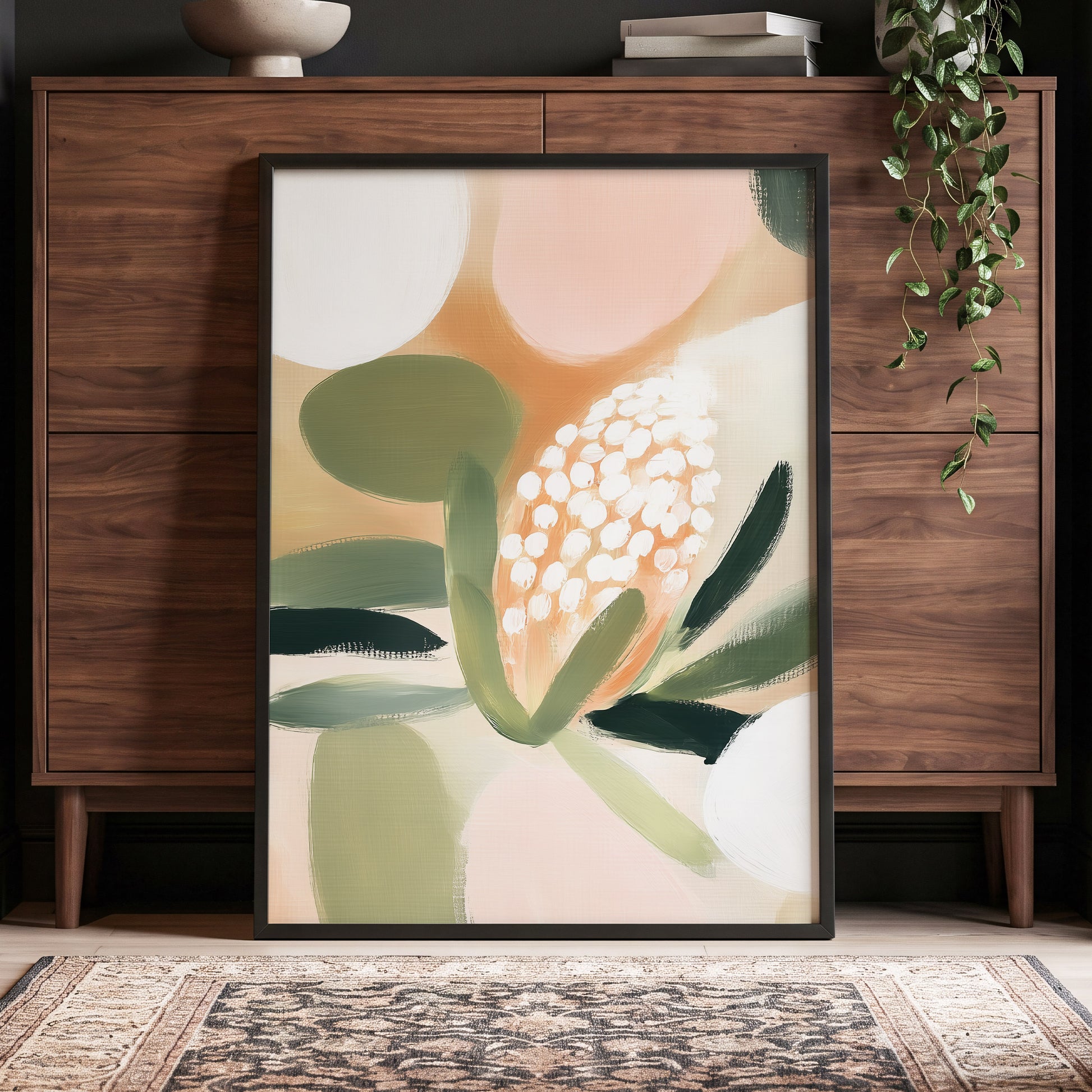 Blush Protea Garden, pink, green, beige floral wall art displayed in a styled interior, gallery view 2