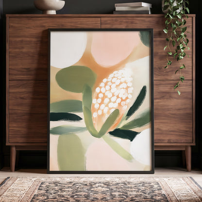 Blush Protea Garden, pink, green, beige floral wall art displayed in a styled interior, gallery view 2