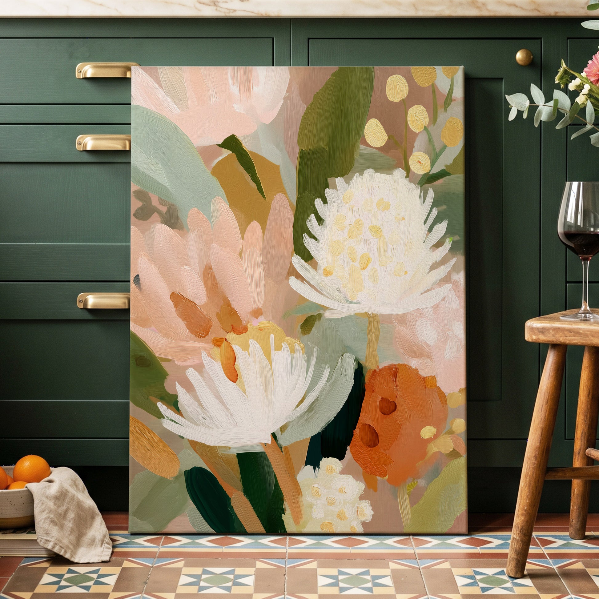 Blush Protea Garden, pink, white, green floral wall art displayed in a styled interior, gallery view 3