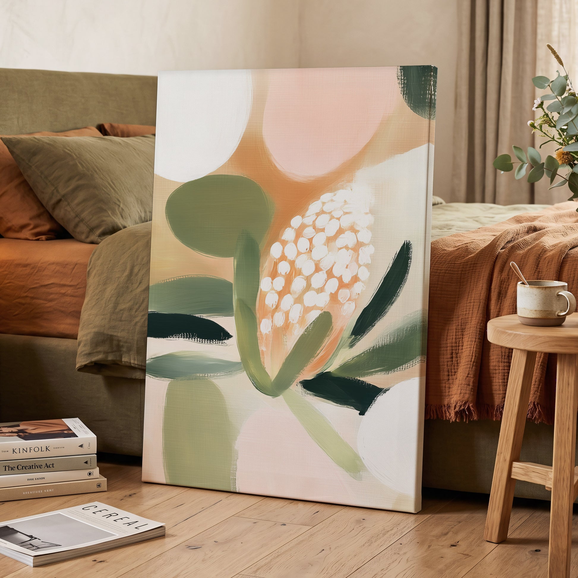 Blush Protea Garden, pink, green, beige floral wall art displayed in a styled interior, gallery view 3