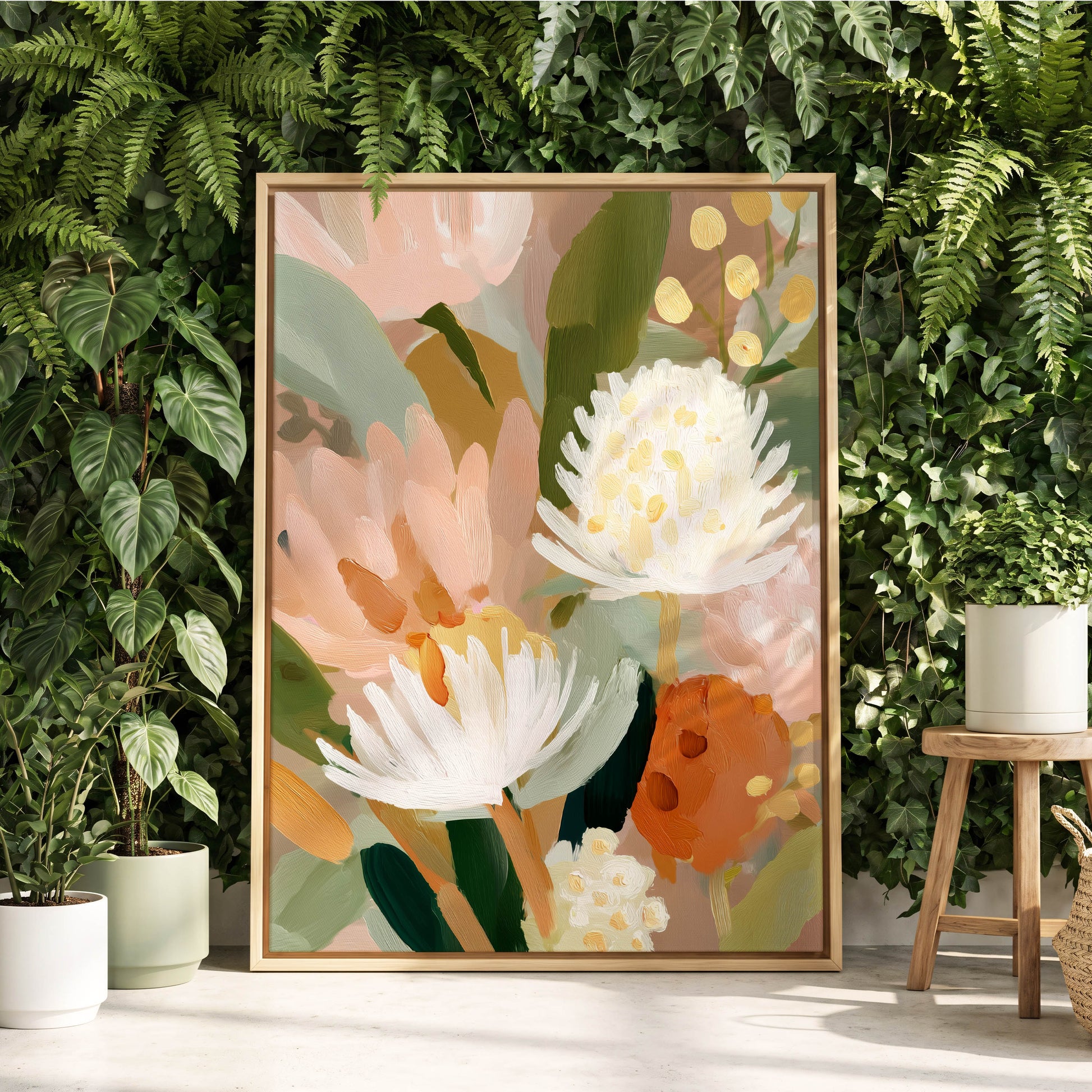 Blush Protea Garden, pink, white, green floral wall art displayed in a styled interior, gallery view 4