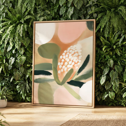 Blush Protea Garden, pink, green, beige floral wall art displayed in a styled interior, gallery view 4
