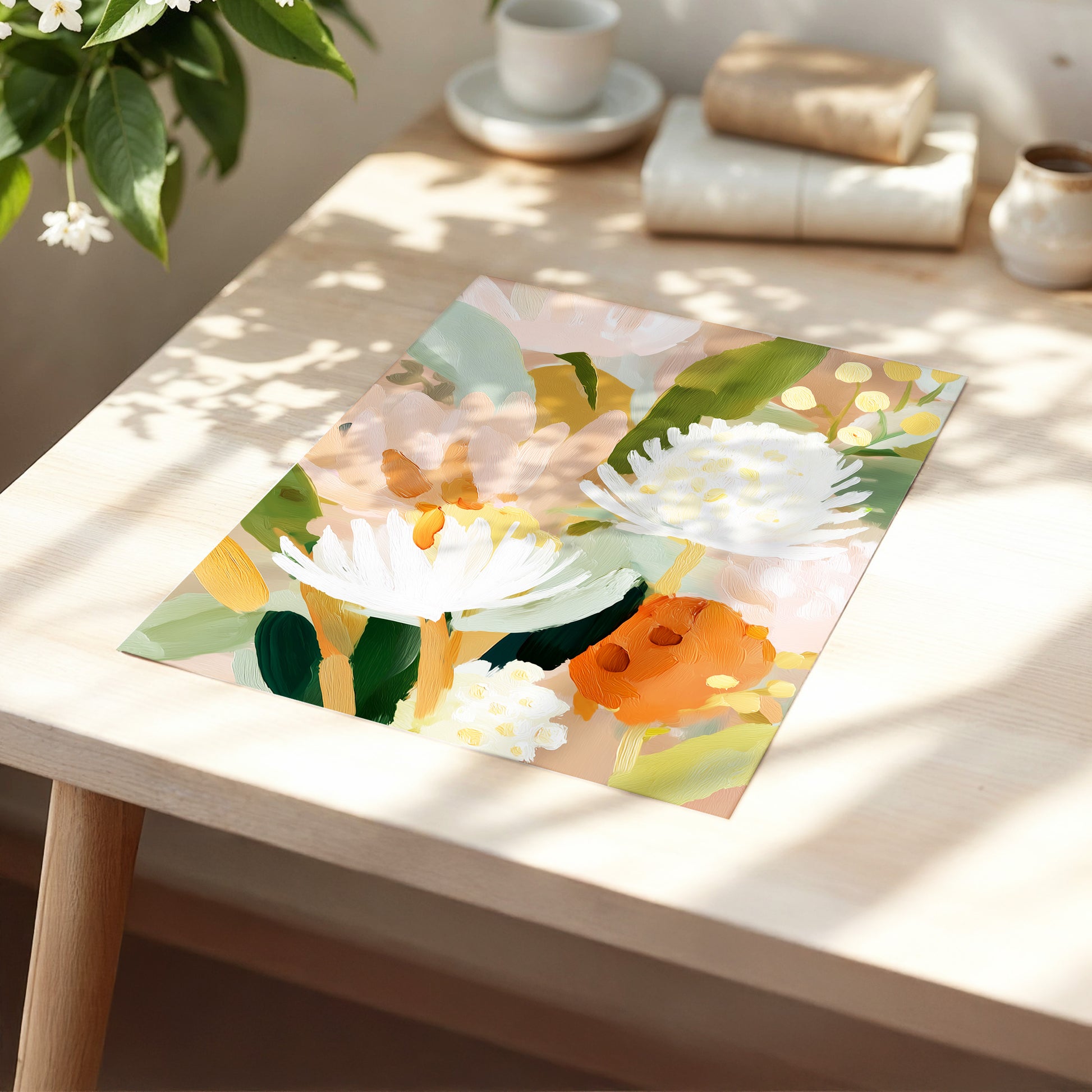Blush Protea Garden, pink, white, green floral wall art displayed in a styled interior, gallery view 5