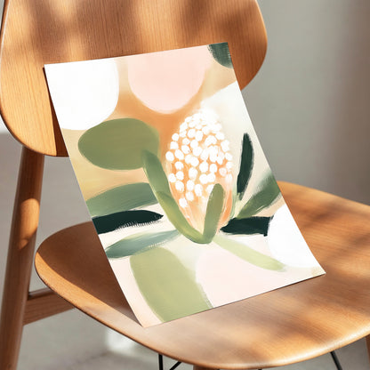 Blush Protea Garden, pink, green, beige floral wall art displayed in a styled interior, gallery view 5
