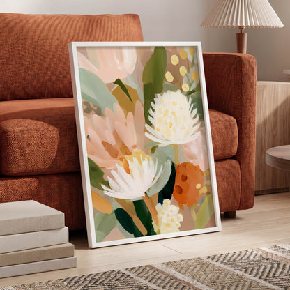 Blush Protea Garden, pink, white, green floral wall art displayed in a styled interior, gallery view 6