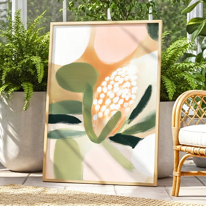 Blush Protea Garden, pink, green, beige floral wall art displayed in a styled interior, gallery view 6