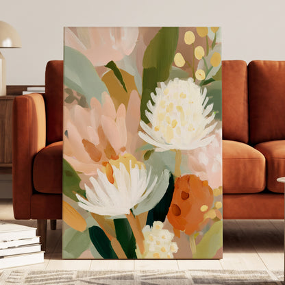 Blush Protea Garden, pink, white, green floral wall art displayed in a styled interior, gallery view 7