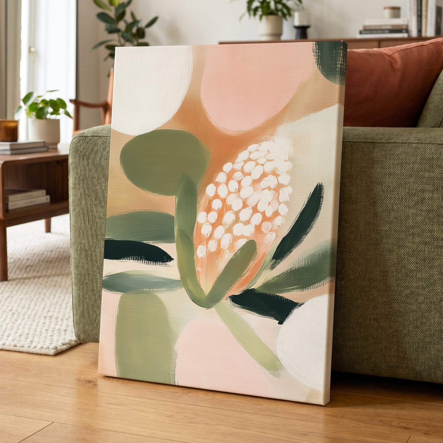 Blush Protea Garden, pink, green, beige floral wall art displayed in a styled interior, gallery view 7