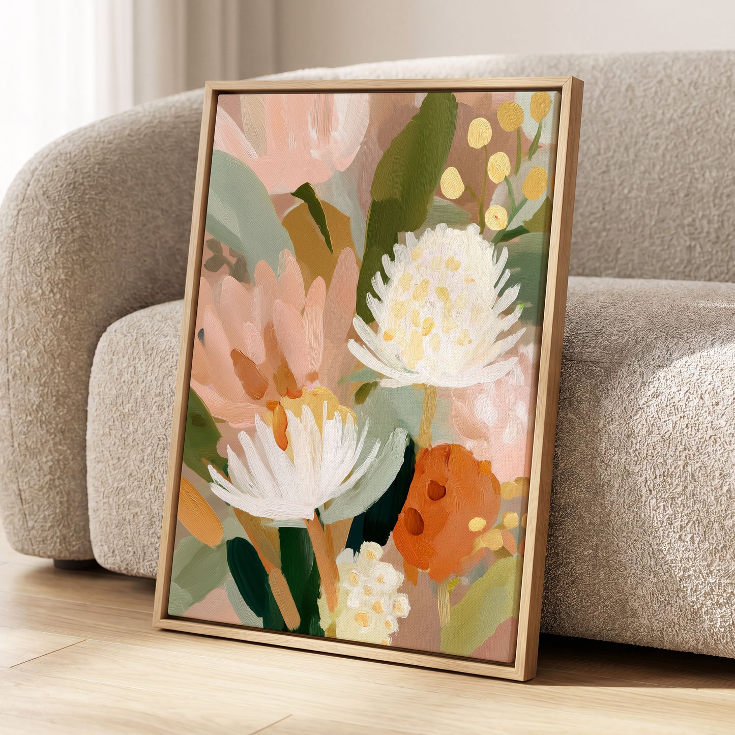 Blush Protea Garden, pink, white, green floral wall art displayed in a styled interior, gallery view 8