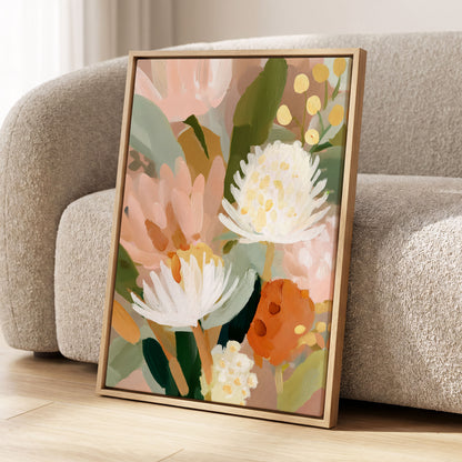Blush Protea Garden, pink, white, green floral wall art displayed in a styled interior, gallery view 8