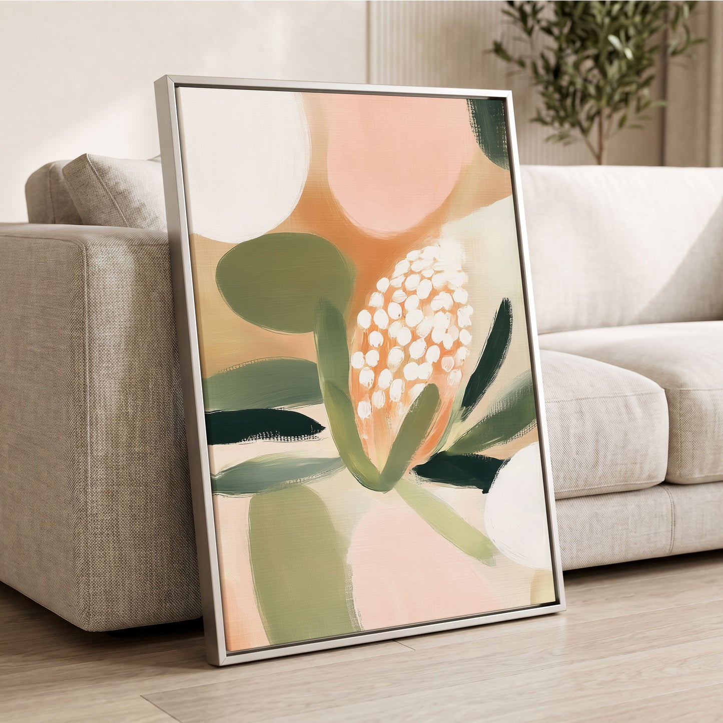 Blush Protea Garden, pink, green, beige floral wall art displayed in a styled interior, gallery view 8