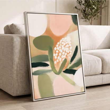 Blush Protea Garden, pink, green, beige floral wall art displayed in a styled interior, gallery view 8