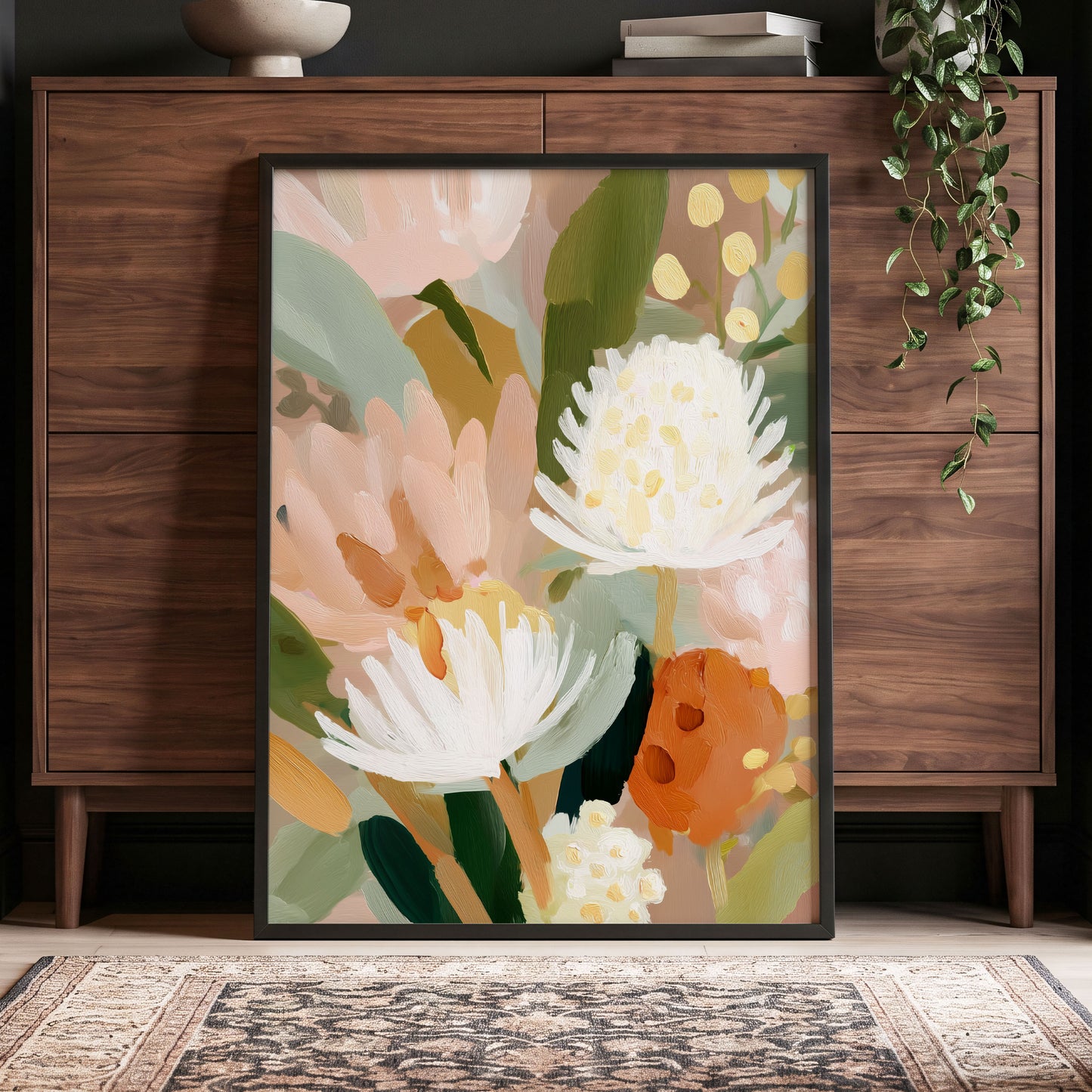 Blush Protea Garden, pink, white, green floral wall art displayed in a styled interior, gallery view 9