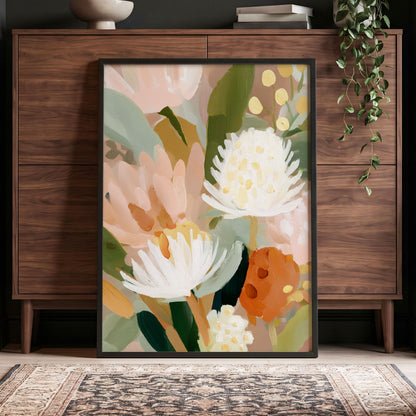 Blush Protea Garden, pink, white, green floral wall art displayed in a styled interior, gallery view 9