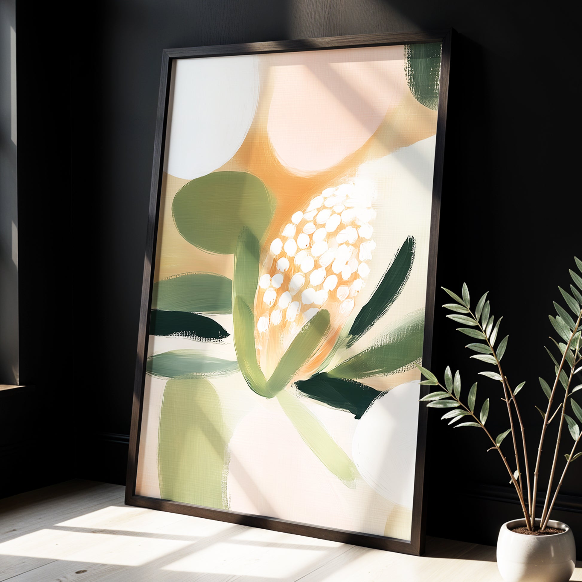 Blush Protea Garden, pink, green, beige floral wall art displayed in a styled interior, gallery view 9