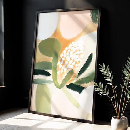 Blush Protea Garden, pink, green, beige floral wall art displayed in a styled interior, gallery view 9