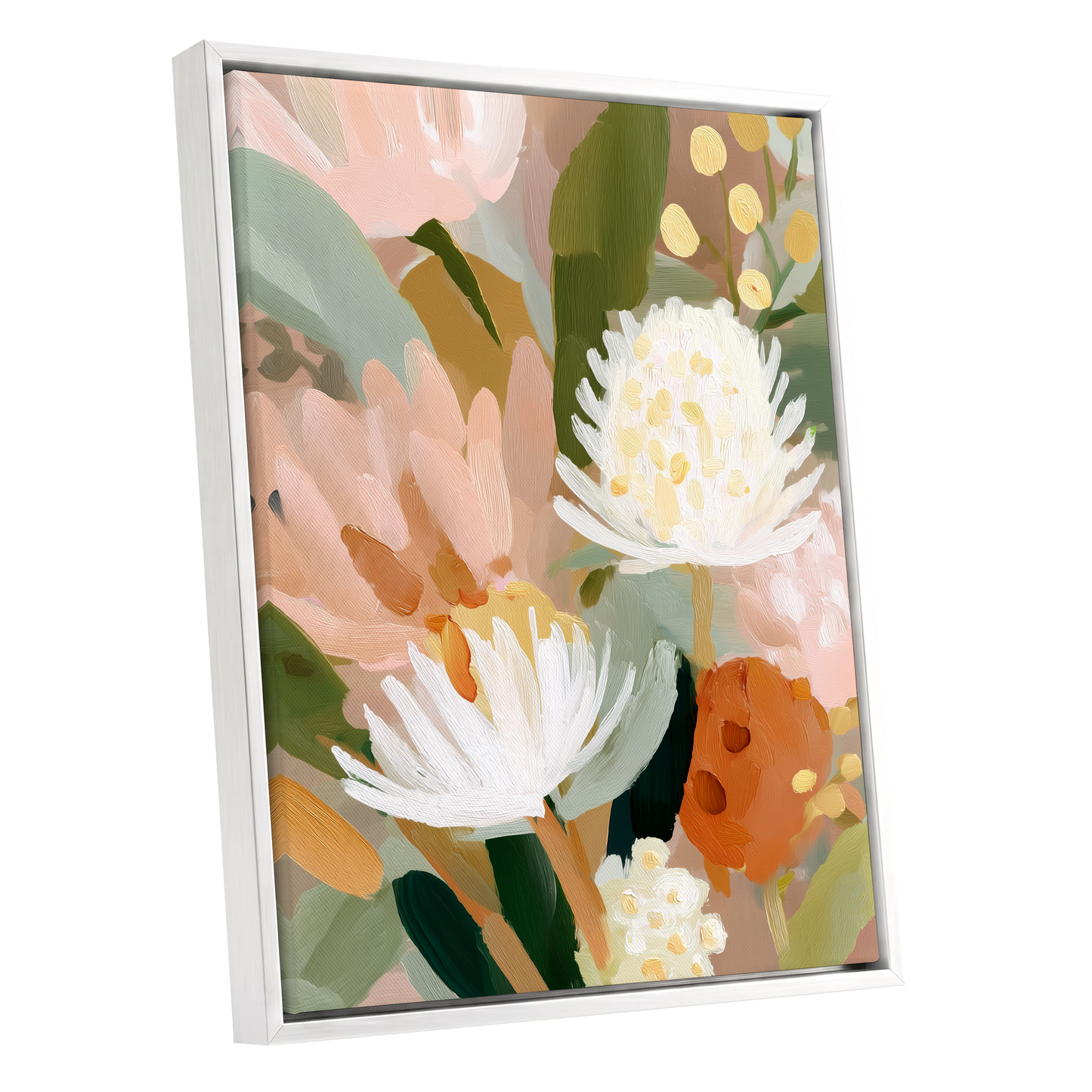 Blush Protea Garden, pink, white, green floral wall art shown as a white framed canvas wall art