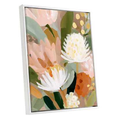 Blush Protea Garden, pink, white, green floral wall art shown as a white framed canvas wall art