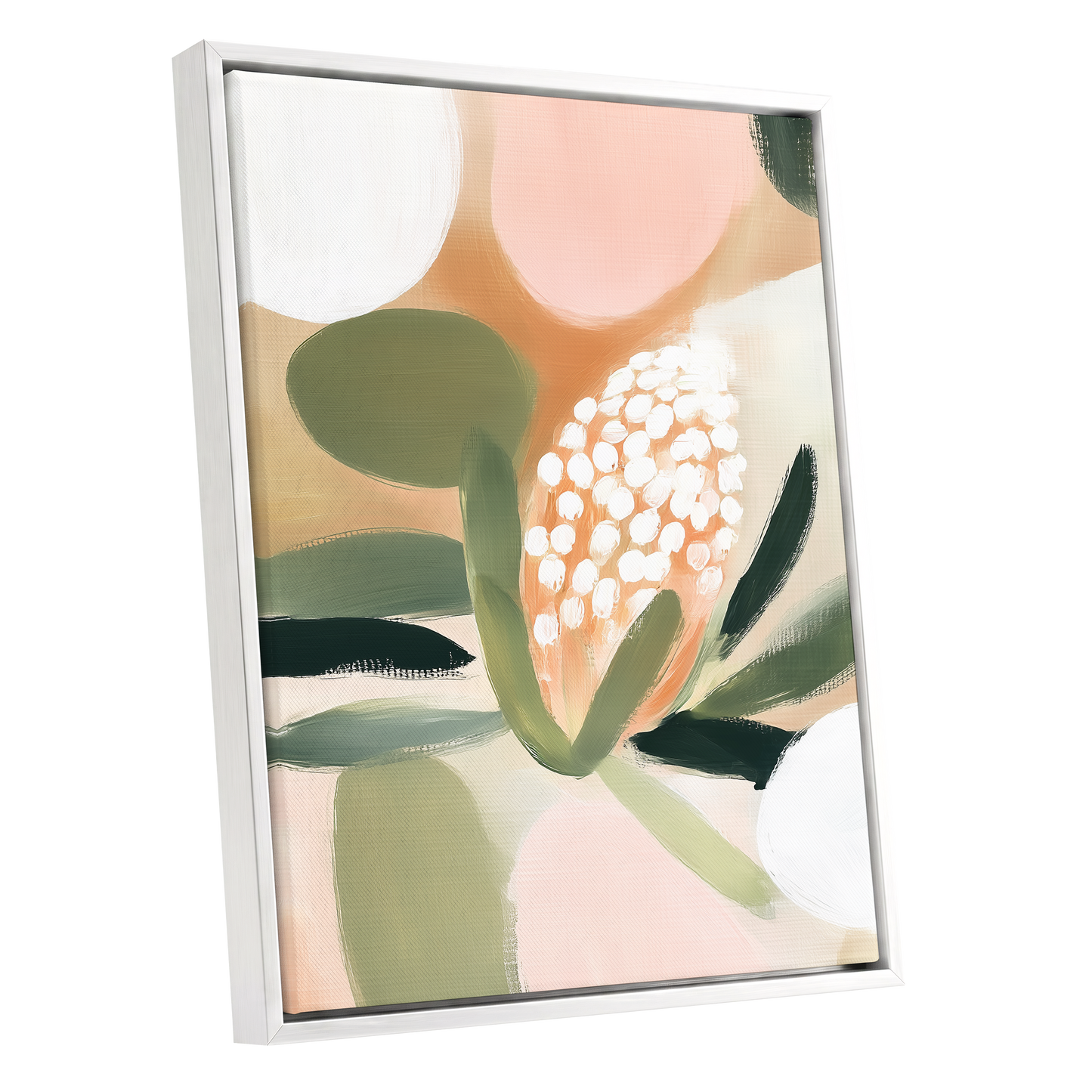 Blush Protea Garden, pink, green, beige floral wall art shown as a white framed canvas wall art