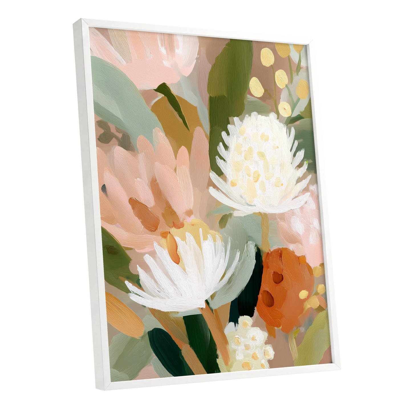 Blush Protea Garden, pink, white, green floral wall art shown as a white framed poster wall art print