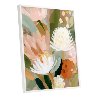 Blush Protea Garden, pink, white, green floral wall art shown as a white framed poster wall art print